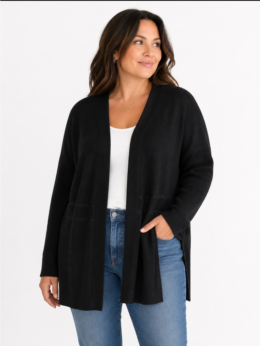 Misook black open knit sweater cardigan side slits black size 3x career neutral